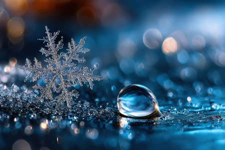 A macro shot of a snowflake, under cold, natural light, with a sudden melting dropの写真素材