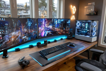 A high-tech gaming setup with multiple monitors and a view of a cityの写真素材
