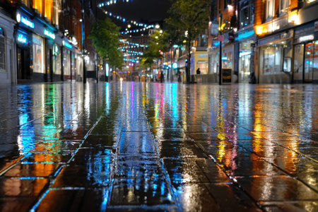 Wet pavement reflects colorful lights on a rainy city street at nightの写真素材