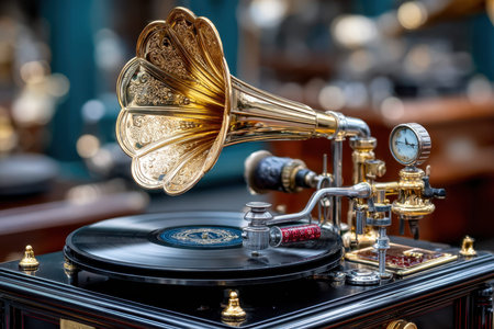 A beautifully crafted vintage gramophone is playing a record amid antique decor in a warm shop atmosphere.の写真素材