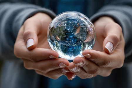 Hands gently cradle a crystal sphere that reflects colorful lights and decorations in a lively environment.の写真素材
