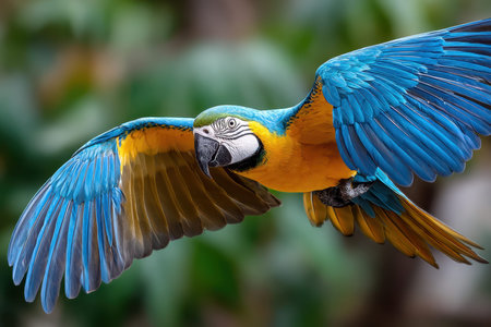 A blue and gold macaw with outstretched wings soars against a blurred green backdropの写真素材