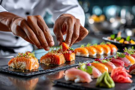 A close-up of a chef's hands preparing sushi, in a modern kitchen, under bright light, shot with a macro lens, celebrating culinary artの写真素材