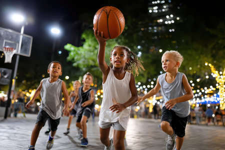 Group of kids engaged in a fun basketball game outdoors at night, surrounded by city lights and laughter.の写真素材