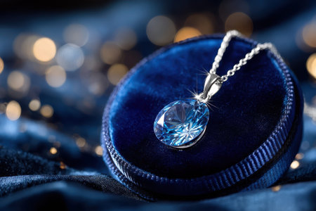 A delicate piece of jewelry, on a velvet cushion, evoking luxury, under soft, focused lighting, shot with a DSLRの写真素材