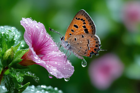 A butterfly rests on a pink flower covered in water dropletsの写真素材