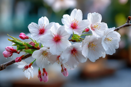 Closeup of delicate white and pink cherry blossoms on a branchの写真素材