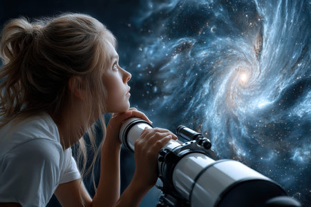A girl focuses intently on the cosmos, mesmerized by swirling galaxies while using her telescope.の写真素材
