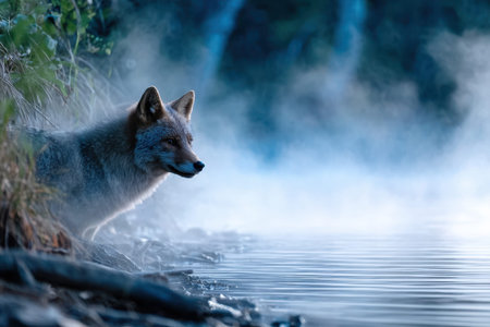 A coyote quietly watches the still water of a lake surrounded by early morning mist.の素材