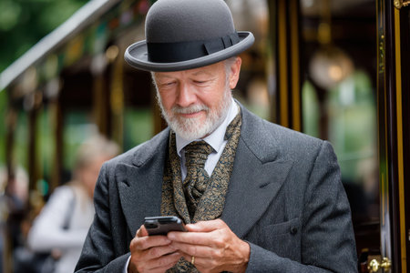A well-dressed man in vintage clothing checks his smartphone while standing near a classic tram.の素材