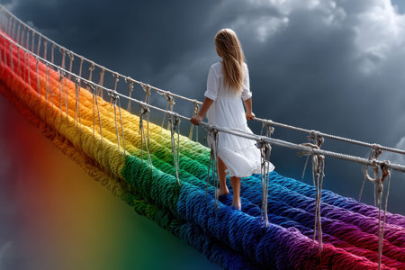 A young girl in a white dress walks on a vibrant rope bridge against dark clouds.の写真素材