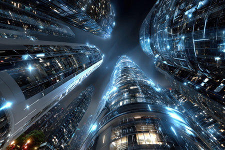 Low angle view of futuristic skyscrapers lit up at night in a modern cityの写真素材