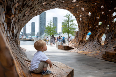 A young child sits on a wooden sculpture looking at the city skyline with people enjoying the park.の写真素材