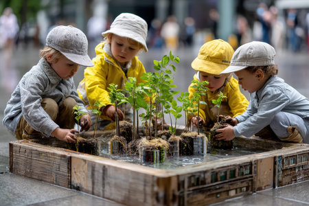Four children are planting young trees in a water-filled wooden structure in a bustling park environment.の写真素材