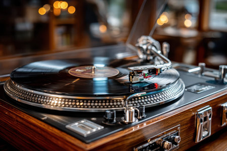A classic turntable plays vinyl records while warm lights create a cozy atmosphere in the cafe.の写真素材