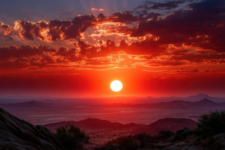 A vibrant red sunset illuminates a desert landscape of mountains and valleysの写真素材