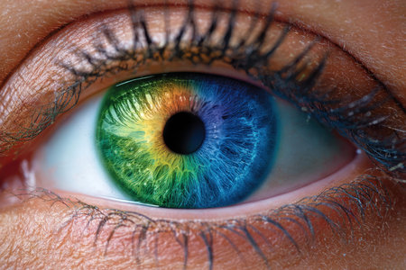 A close-up showcases the intricate patterns and vibrant green, blue, and yellow hues of a human eye.の写真素材