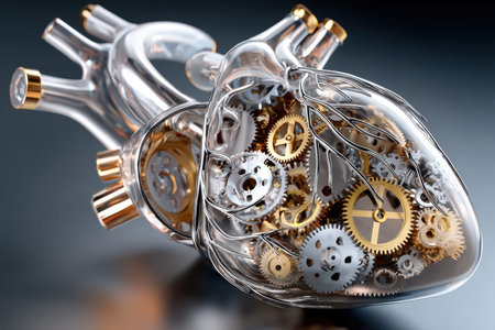 This artwork showcases a transparent heart filled with metallic gears, symbolizing a blend of biology and machinery.の写真素材