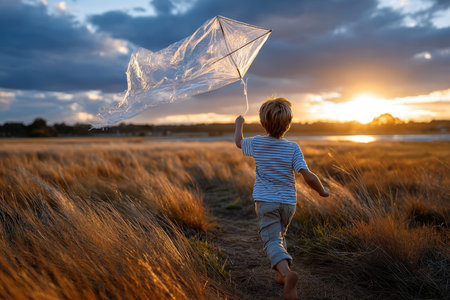 A young boy enjoys flying a kite while running through a grassy field during sunset.の写真素材