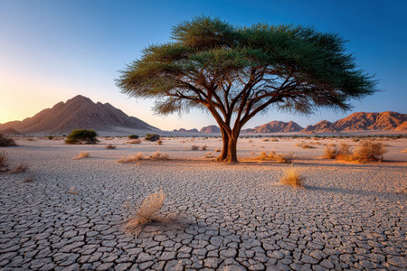 A solitary tree in a vast desert, shot at sunset with a telephoto lens, conveying the harsh beauty of survivalの写真素材