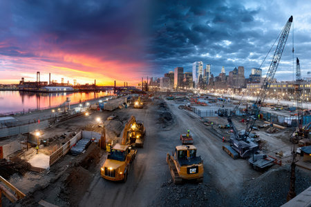 Construction site with heavy machinery at dawn and dusk, city skyline in backgroundの写真素材