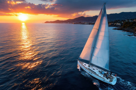 Sailboat cruising on calm ocean water at sunset near a coastal townの写真素材
