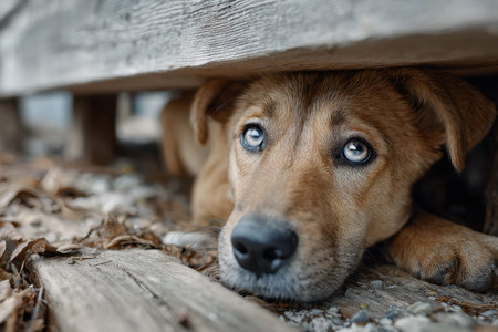 A curious dog lies beneath wooden planks, looking up with striking blue eyes amidst fallen leaves.の写真素材