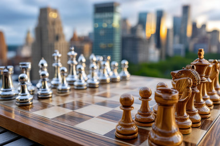 Players engage in a chess match surrounded by a stunning skyline view as the sun sets.の写真素材