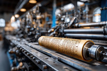 A rolled parchment rests on metal machinery in an active printing workshop, showcasing craftsmanship and industry.の写真素材