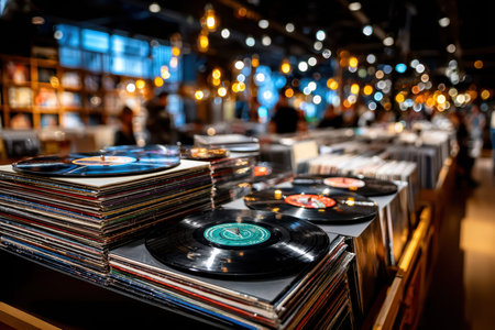 A shot of a stack of vinyl records in a dimly lit music store, captured with a 35mm lens to evoke a sense of nostalgia and love for musicの写真素材