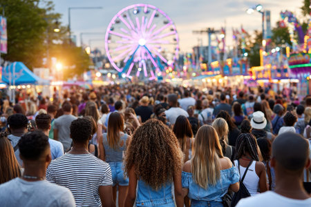A large crowd of people walk through a summer carnival or festival at duskの写真素材