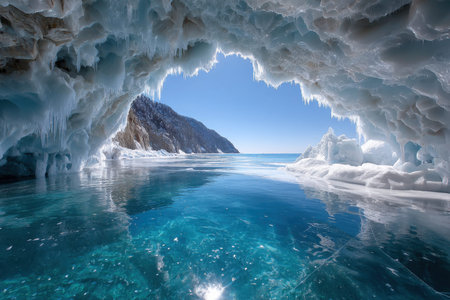 An ice cave on a frozen lake with turquoise water and a clear blue skyの写真素材