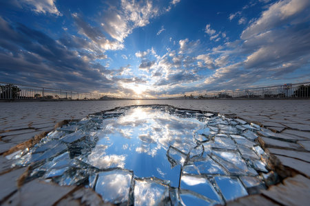 Shattered mirror reflecting a sunset sky on a rooftop or paved areaの写真素材