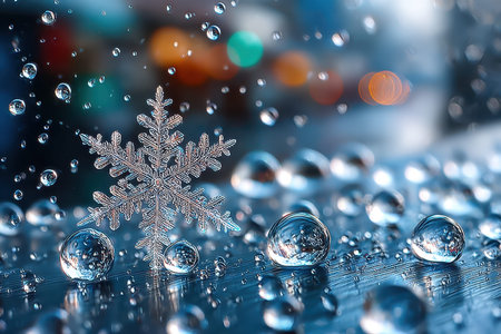 A close-up shot of a snowflake with a cold, tranquil mood, shot with a macro lens, capturing the unique beauty of winterの写真素材