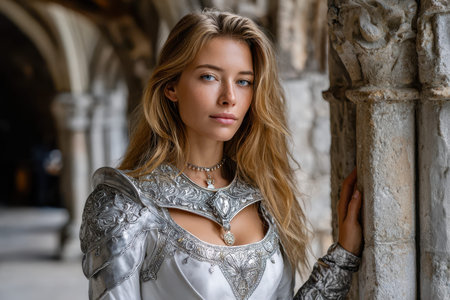 A young woman stands confidently in intricate silver armor, set against medieval stone architecture.の写真素材