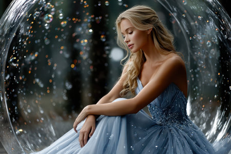 A woman in an elegant blue gown sits gracefully within a bubble, surrounded by floating bubbles and shimmering light.の写真素材