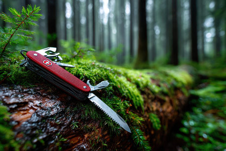 A red multi-tool knife is placed on a moss-covered log in a dense, mist-filled forest environment with tall trees.の写真素材