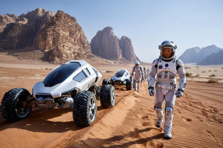 Two astronauts walk across vast desert sands next to futuristic rovers amidst stunning rock formations.の写真素材