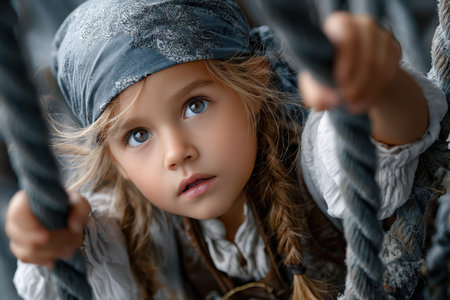 A child in pirate attire with a headscarf climbs rope on a ship, showing determination and curiosity.の写真素材