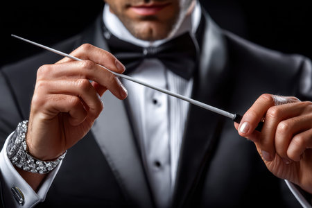 Music conductor stands poised with baton, focused on upcoming orchestra performance in elegant attitude.の写真素材