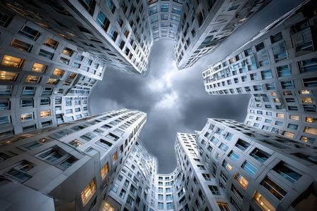Modern curved buildings against a cloudy sky at duskの写真素材