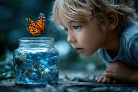 A young child gazes in wonder at a butterfly resting on a jar containing vibrant lights and greenery outside.の素材