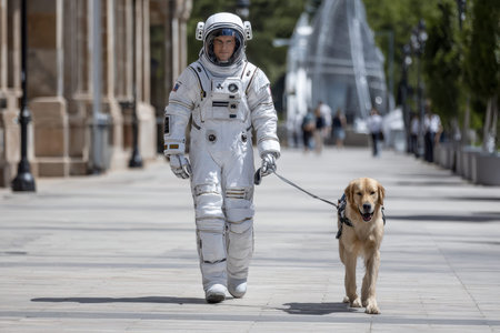 A person in a spacesuit walks a golden retriever along a busy urban sidewalk under clear skies.の写真素材