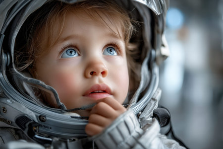 A young child wearing an astronaut helmet gazes with curiosity, embodying dreams of space exploration.の写真素材