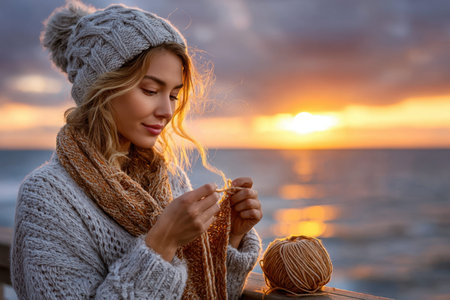 A woman peacefully knits by the ocean during sunset, dressed in warm clothing and enjoying the mesmerizing light.の写真素材
