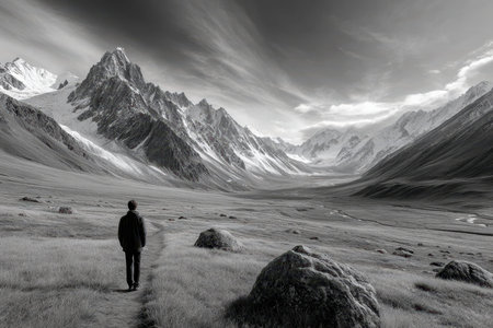 A hiker walks through a vast valley surrounded by majestic mountains under a cloudy sky during the day.の写真素材