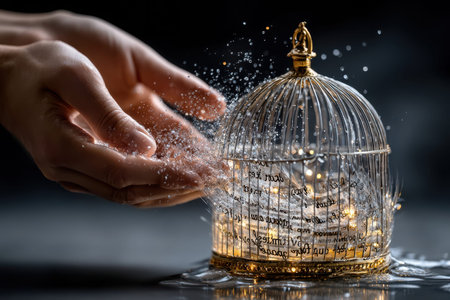 Delicate hands scatter shimmering particles from an ornate birdcage, creating a magical display of light and texture.の写真素材