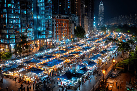A vibrant night market bustles with activity beneath illuminated city buildingsの写真素材