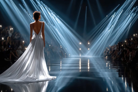 A model walks down a catwalk in a white dress during a fashion showの写真素材