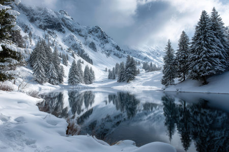 Snow blankets the mountains and trees, reflecting in the calm lake during a serene winter afternoon.の写真素材